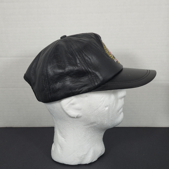 Vintage Polaris Genuine Leather Hat Cap Black Embroidered Hook Loop Buckle - Picture 2 of 7